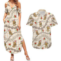 Beige Palaka Hawaii Mele Kalikimaka Couples Matching Summer Maxi Dress and Hawaiian Shirt Ohia Lehua Shell Leis Funny Gingerbread Santa - Polynesian Pride