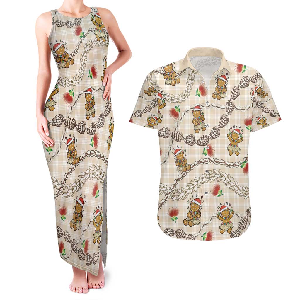 Beige Palaka Hawaii Mele Kalikimaka Couples Matching Tank Maxi Dress and Hawaiian Shirt Ohia Lehua Shell Leis Funny Gingerbread Santa - Polynesian Pride
