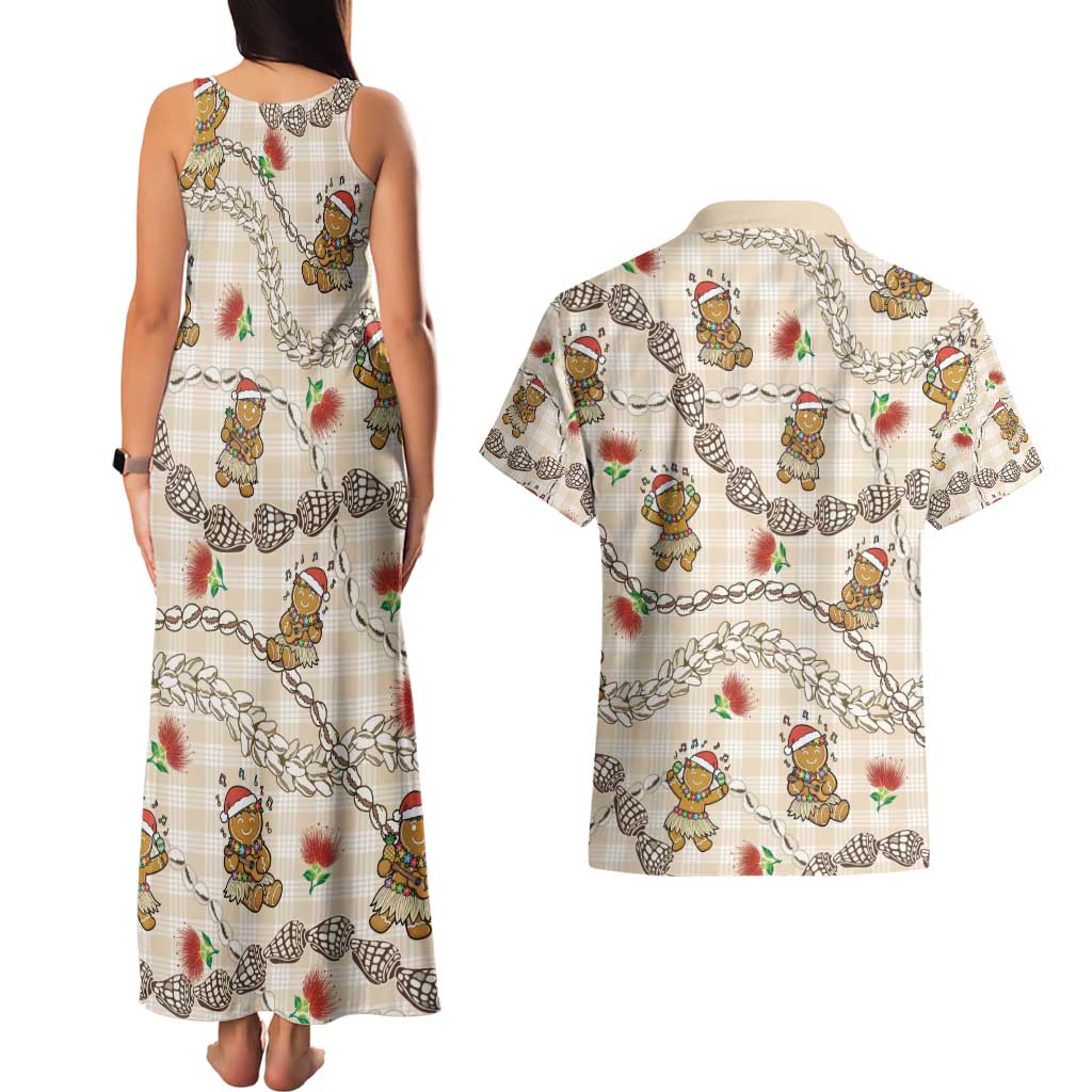 Beige Palaka Hawaii Mele Kalikimaka Couples Matching Tank Maxi Dress and Hawaiian Shirt Ohia Lehua Shell Leis Funny Gingerbread Santa - Polynesian Pride