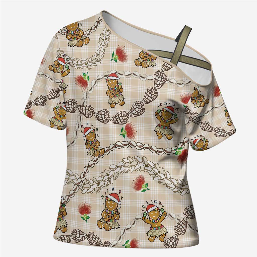 Beige Palaka Hawaii Mele Kalikimaka Cross Shoulder Shirt Ohia Lehua Shell Leis Funny Gingerbread Santa - Polynesian Pride