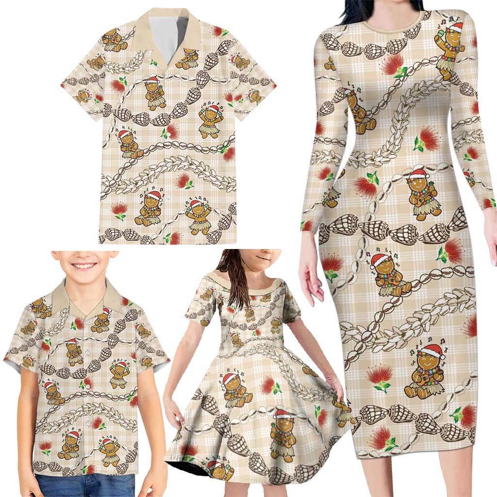 Beige Palaka Hawaii Mele Kalikimaka Family Matching Long Sleeve Bodycon Dress and Hawaiian Shirt Ohia Lehua Shell Leis Funny Gingerbread Santa - Polynesian Pride