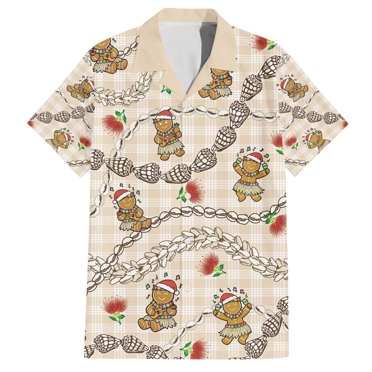 Beige Palaka Hawaii Mele Kalikimaka Family Matching Off The Shoulder Long Sleeve Dress and Hawaiian Shirt Ohia Lehua Shell Leis Funny Gingerbread Santa - Polynesian Pride