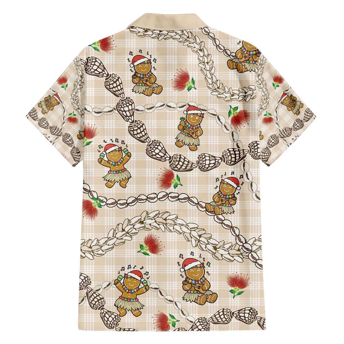Beige Palaka Hawaii Mele Kalikimaka Family Matching Off The Shoulder Long Sleeve Dress and Hawaiian Shirt Ohia Lehua Shell Leis Funny Gingerbread Santa - Polynesian Pride