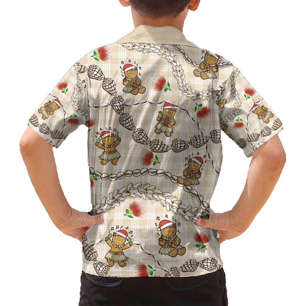 Beige Palaka Hawaii Mele Kalikimaka Family Matching Off Shoulder Short Dress and Hawaiian Shirt Ohia Lehua Shell Leis Funny Gingerbread Santa - Polynesian Pride
