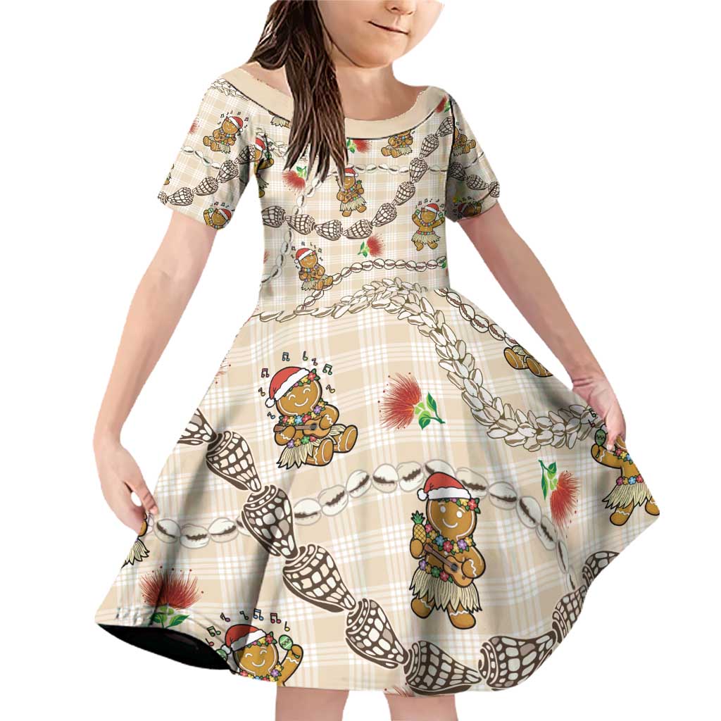 Beige Palaka Hawaii Mele Kalikimaka Family Matching Off Shoulder Short Dress and Hawaiian Shirt Ohia Lehua Shell Leis Funny Gingerbread Santa - Polynesian Pride