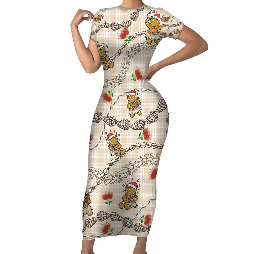 Beige Palaka Hawaii Mele Kalikimaka Family Matching Short Sleeve Bodycon Dress and Hawaiian Shirt Ohia Lehua Shell Leis Funny Gingerbread Santa - Polynesian Pride