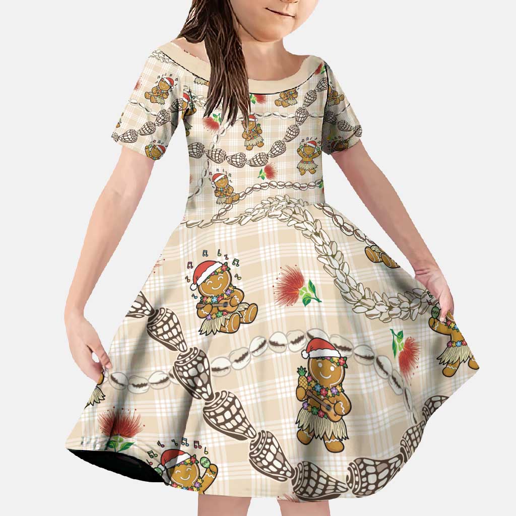 Beige Palaka Hawaii Mele Kalikimaka Family Matching Tank Maxi Dress and Hawaiian Shirt Ohia Lehua Shell Leis Funny Gingerbread Santa - Polynesian Pride