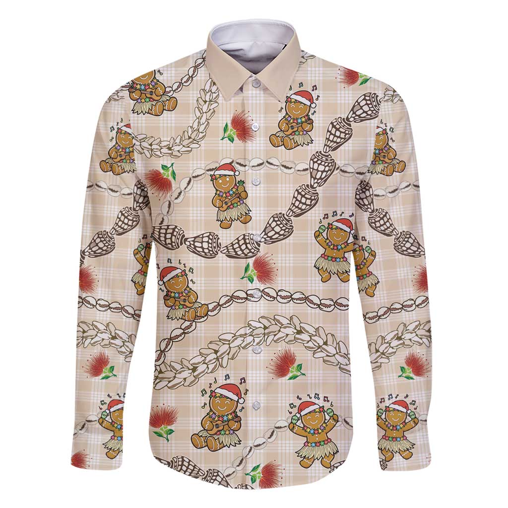 Beige Palaka Hawaii Mele Kalikimaka Family Matching Tank Maxi Dress and Hawaiian Shirt Ohia Lehua Shell Leis Funny Gingerbread Santa - Polynesian Pride