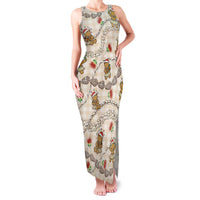 Beige Palaka Hawaii Mele Kalikimaka Family Matching Tank Maxi Dress and Hawaiian Shirt Ohia Lehua Shell Leis Funny Gingerbread Santa - Polynesian Pride