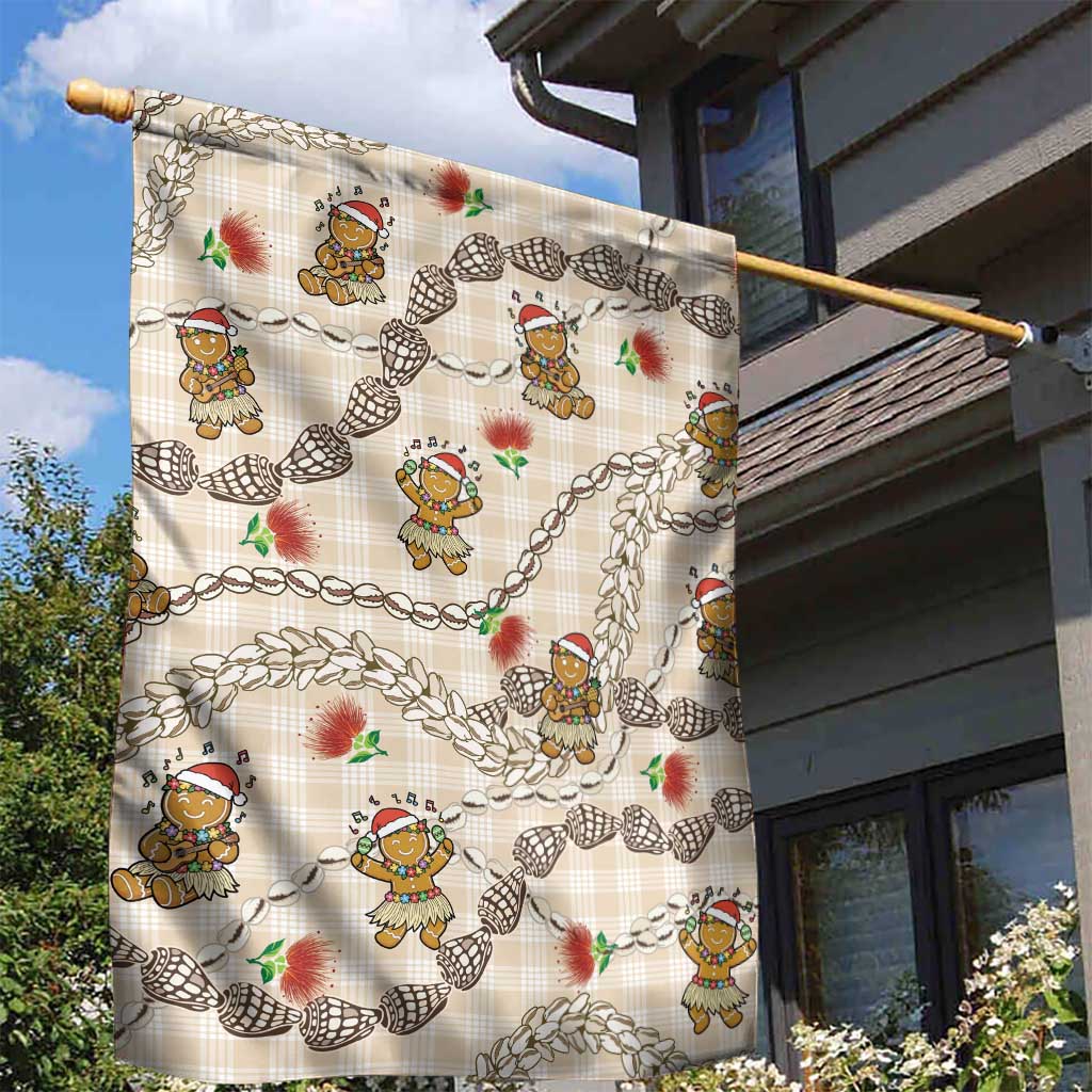 Beige Palaka Hawaii Mele Kalikimaka Garden Flag Ohia Lehua Shell Leis Funny Gingerbread Santa - Polynesian Pride