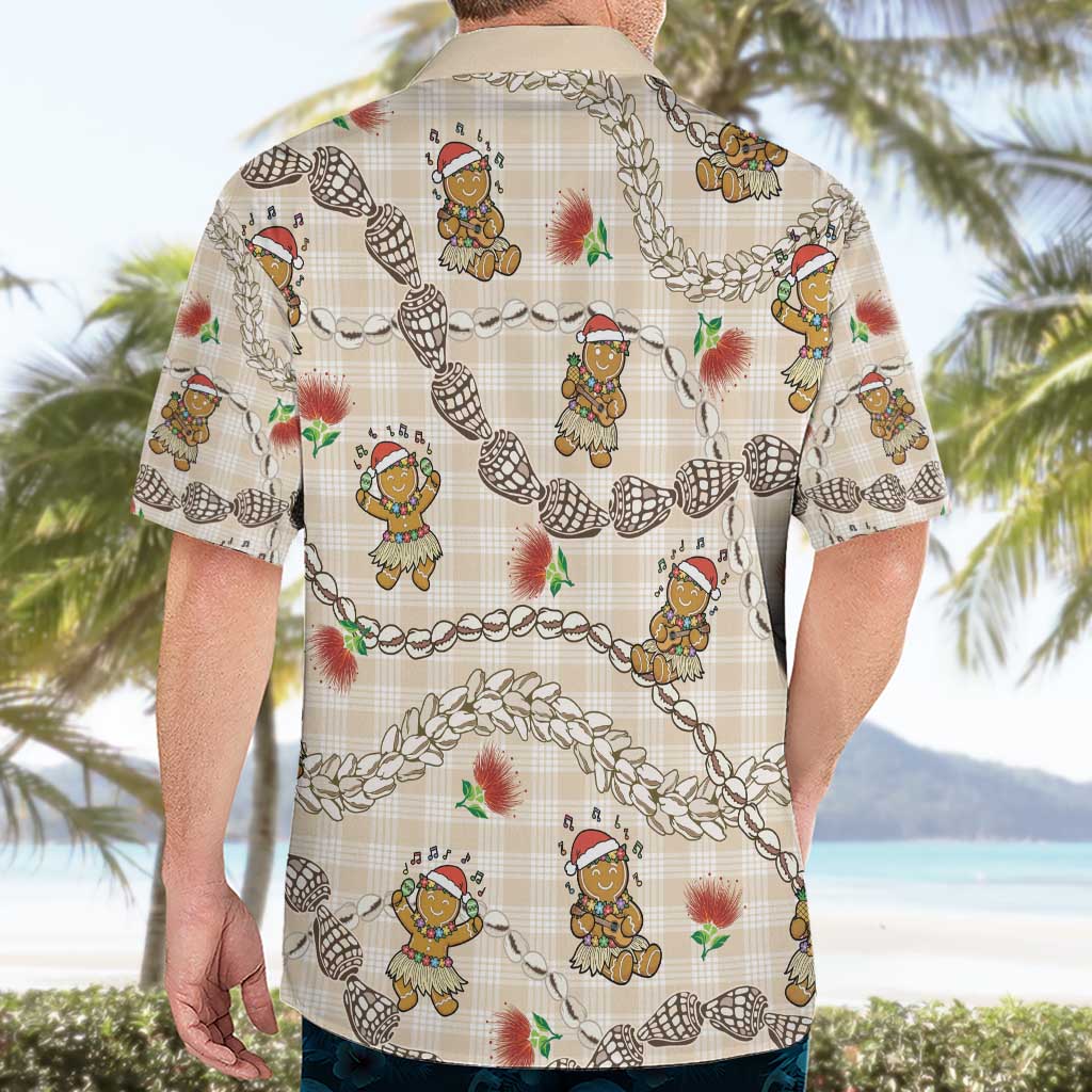 Beige Palaka Hawaii Mele Kalikimaka Hawaiian Shirt Ohia Lehua Shell Leis Funny Gingerbread Santa - Polynesian Pride