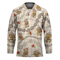 Beige Palaka Hawaii Mele Kalikimaka Hockey Jersey Ohia Lehua Shell Leis Funny Gingerbread Santa - Polynesian Pride