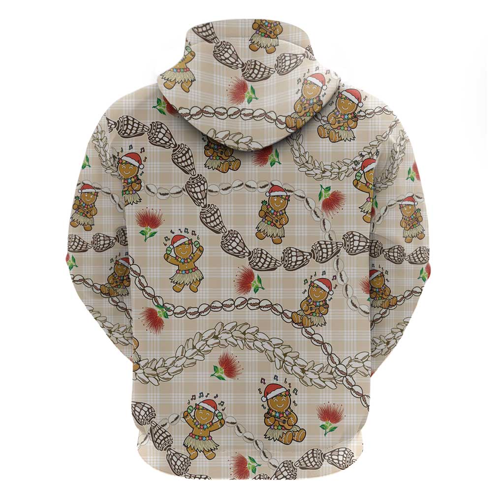 Beige Palaka Hawaii Mele Kalikimaka Hoodie Ohia Lehua Shell Leis Funny Gingerbread Santa - Polynesian Pride