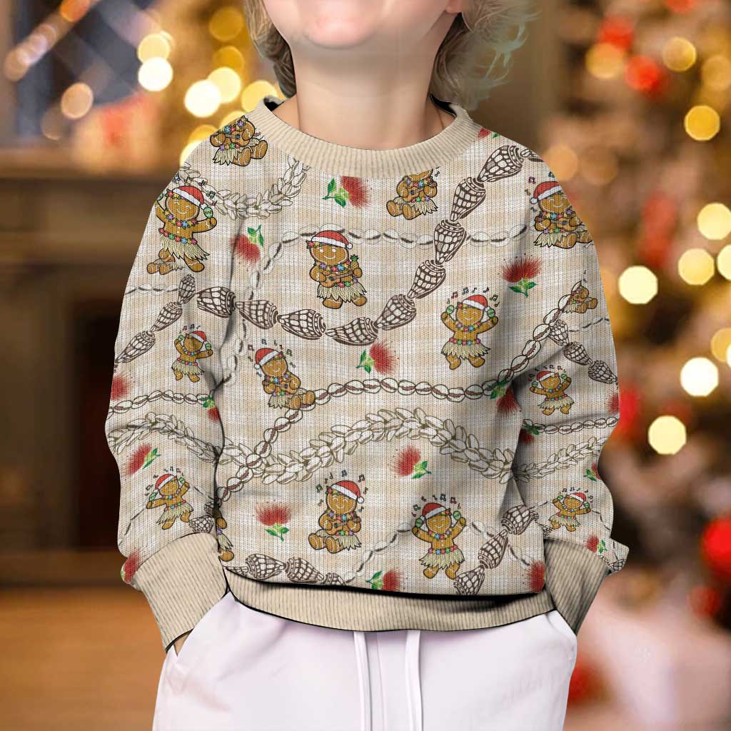 Beige Palaka Hawaii Mele Kalikimaka Kid Ugly Christmas Sweater Ohia Lehua Shell Leis Funny Gingerbread Santa - Polynesian Pride