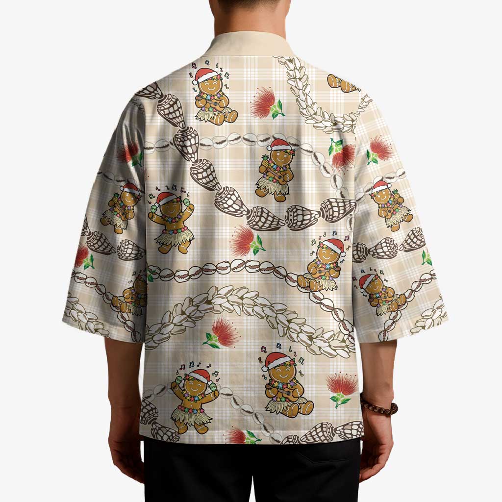 Beige Palaka Hawaii Mele Kalikimaka Kimono Ohia Lehua Shell Leis Funny Gingerbread Santa - Polynesian Pride