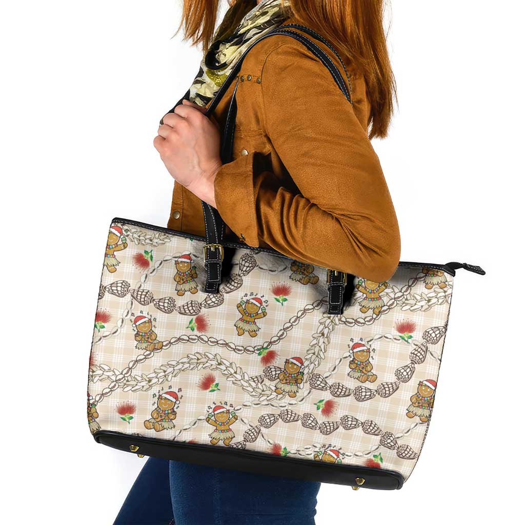 Beige Palaka Hawaii Mele Kalikimaka Leather Tote Bag Ohia Lehua Shell Leis Funny Gingerbread Santa - Polynesian Pride