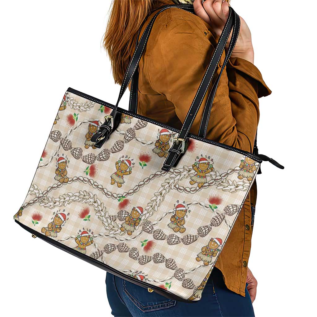 Beige Palaka Hawaii Mele Kalikimaka Leather Tote Bag Ohia Lehua Shell Leis Funny Gingerbread Santa - Polynesian Pride