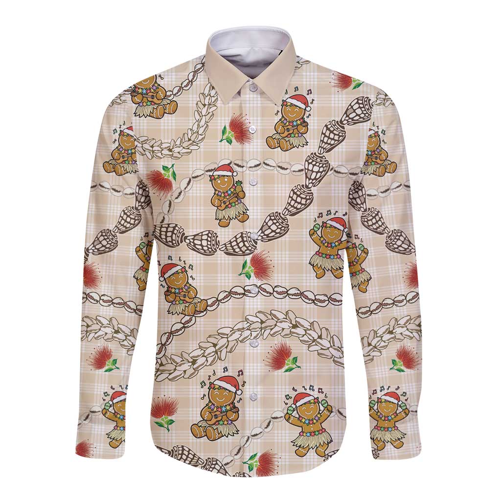 Beige Palaka Hawaii Mele Kalikimaka Long Sleeve Button Shirt Ohia Lehua Shell Leis Funny Gingerbread Santa - Polynesian Pride