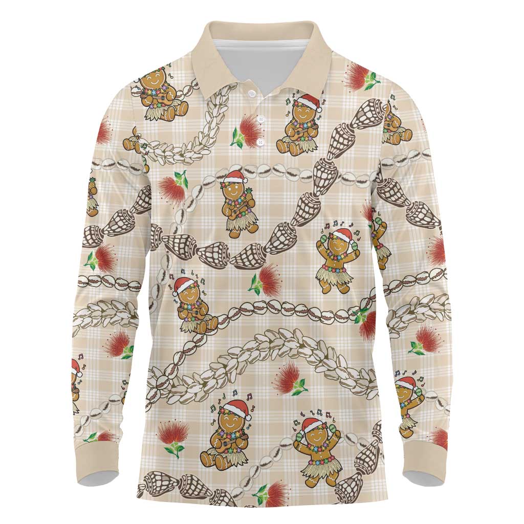 Beige Palaka Hawaii Mele Kalikimaka Long Sleeve Polo Shirt Ohia Lehua Shell Leis Funny Gingerbread Santa - Polynesian Pride