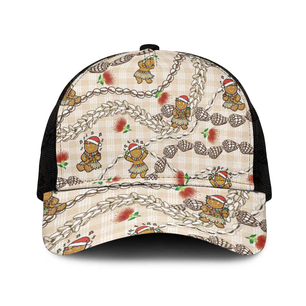 Beige Palaka Hawaii Mele Kalikimaka Mesh Trucker Cap Ohia Lehua Shell Leis Funny Gingerbread Santa - Polynesian Pride
