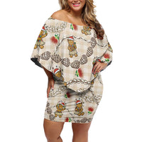 Beige Palaka Hawaii Mele Kalikimaka Off Shoulder Short Dress Ohia Lehua Shell Leis Funny Gingerbread Santa - Polynesian Pride