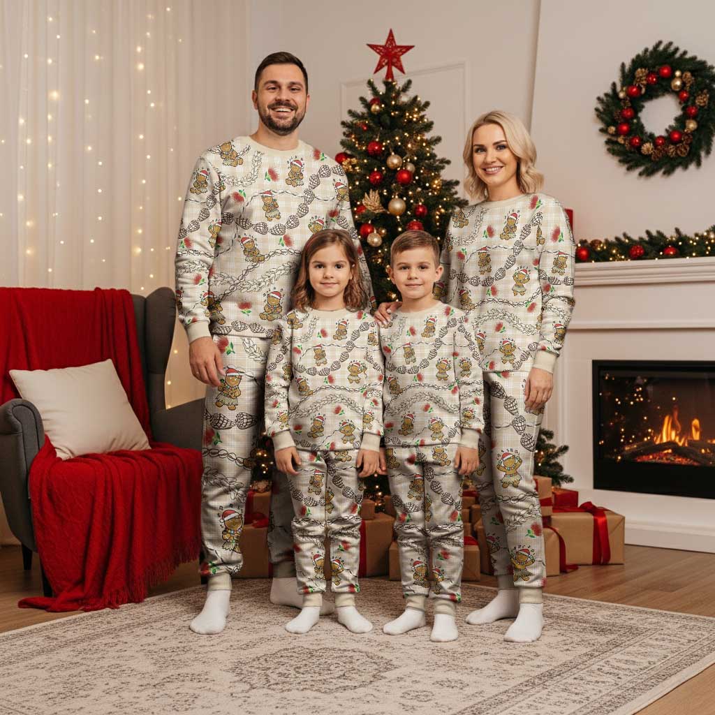 Beige Palaka Hawaii Mele Kalikimaka Christmas Pajama Set Ohia Lehua Shell Leis Funny Gingerbread Santa - Polynesian Pride