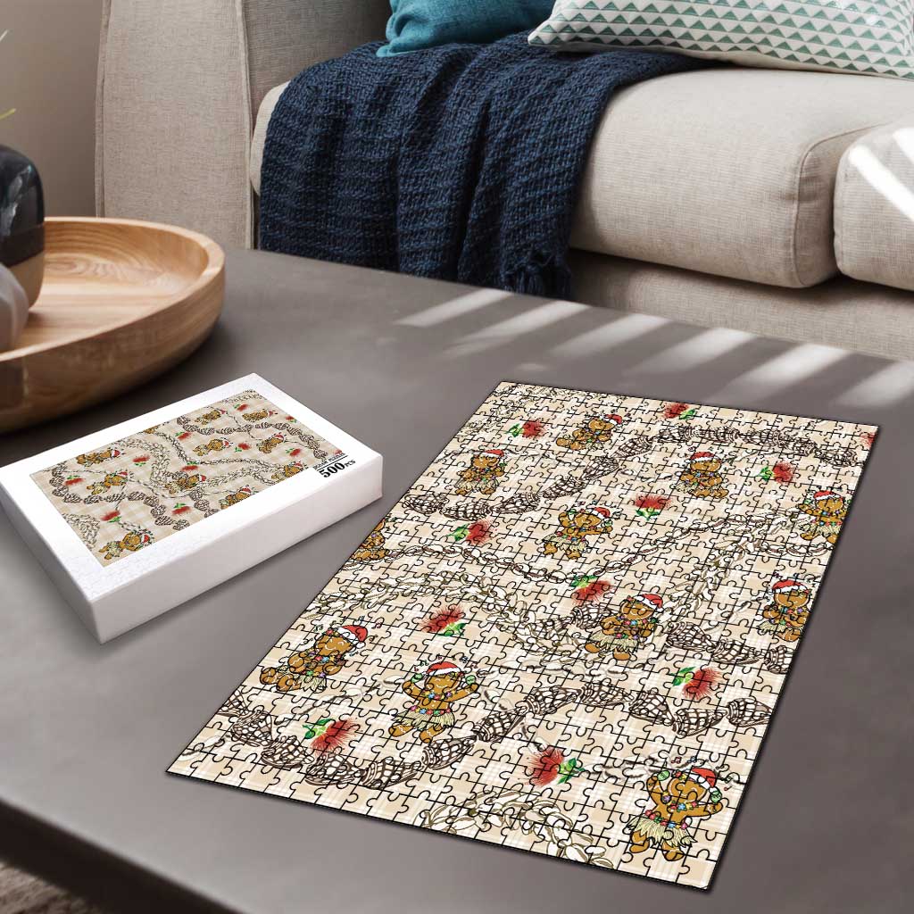 Beige Palaka Hawaii Mele Kalikimaka Puzzle Ohia Lehua Shell Leis Funny Gingerbread Santa - Polynesian Pride