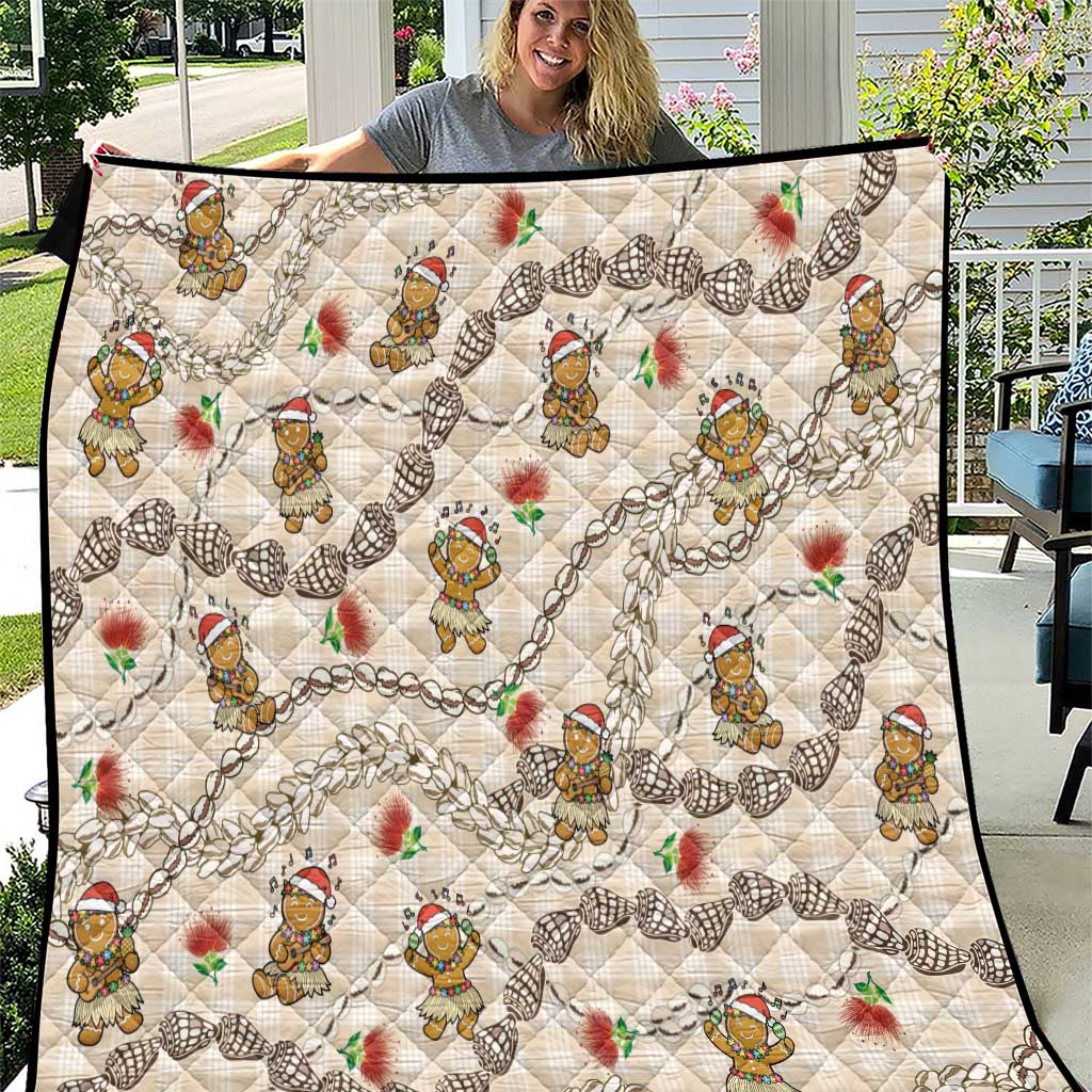 Beige Palaka Hawaii Mele Kalikimaka Quilt Ohia Lehua Shell Leis Funny Gingerbread Santa - Polynesian Pride