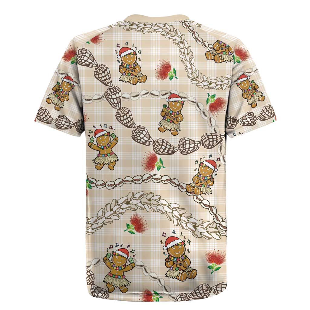 Beige Palaka Hawaii Mele Kalikimaka Rugby Jersey Ohia Lehua Shell Leis Funny Gingerbread Santa - Polynesian Pride