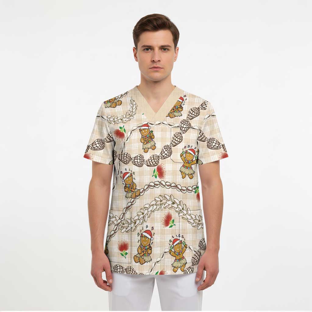 Beige Palaka Hawaii Mele Kalikimaka Scrub Top Ohia Lehua Shell Leis Funny Gingerbread Santa - Polynesian Pride