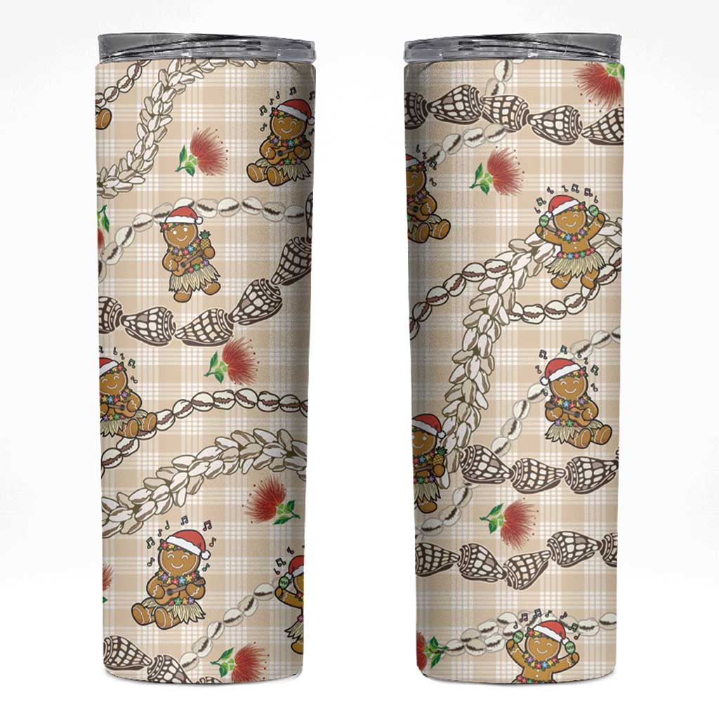 Beige Palaka Hawaii Mele Kalikimaka Skinny Tumbler Ohia Lehua Shell Leis Funny Gingerbread Santa - Polynesian Pride