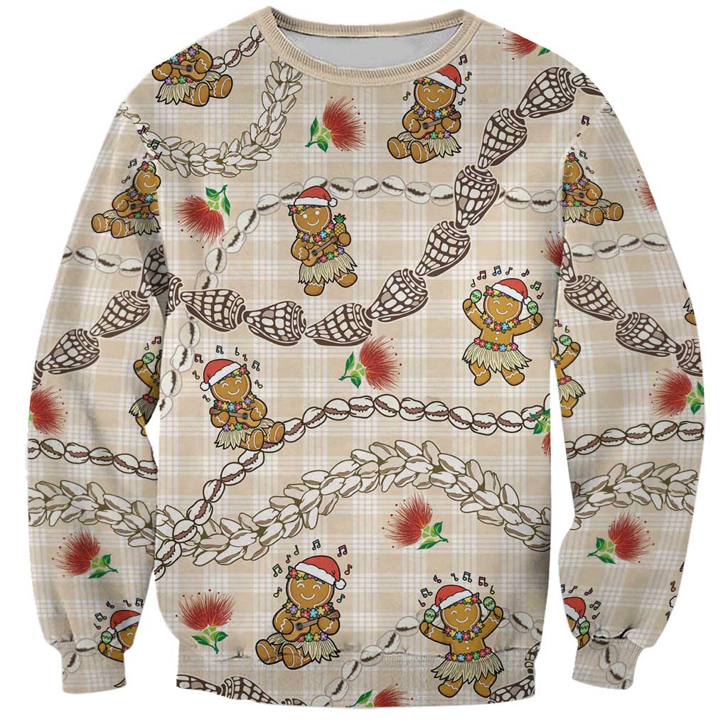 Beige Palaka Hawaii Mele Kalikimaka Sweatshirt Ohia Lehua Shell Leis Funny Gingerbread Santa - Polynesian Pride