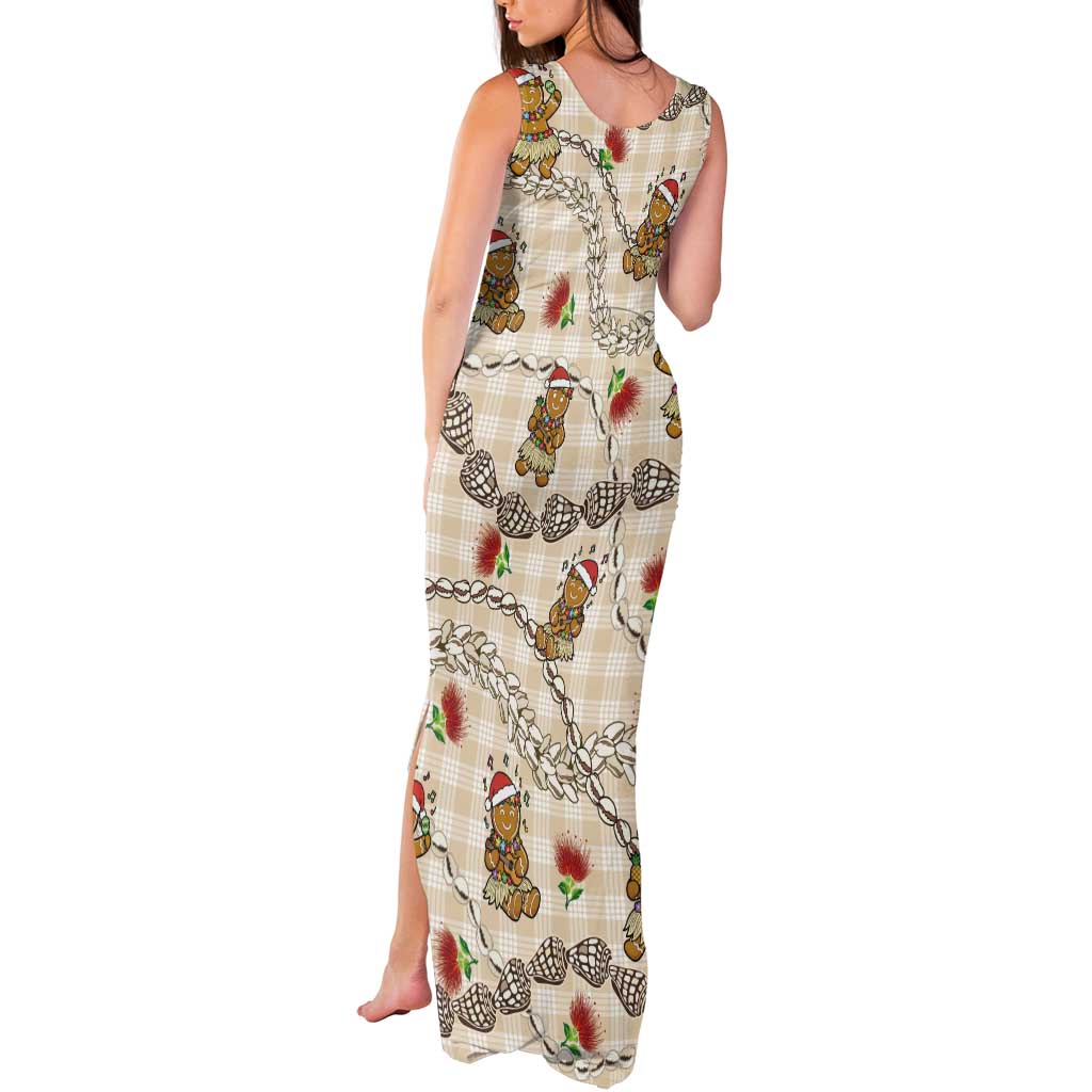 Beige Palaka Hawaii Mele Kalikimaka Tank Maxi Dress Ohia Lehua Shell Leis Funny Gingerbread Santa - Polynesian Pride