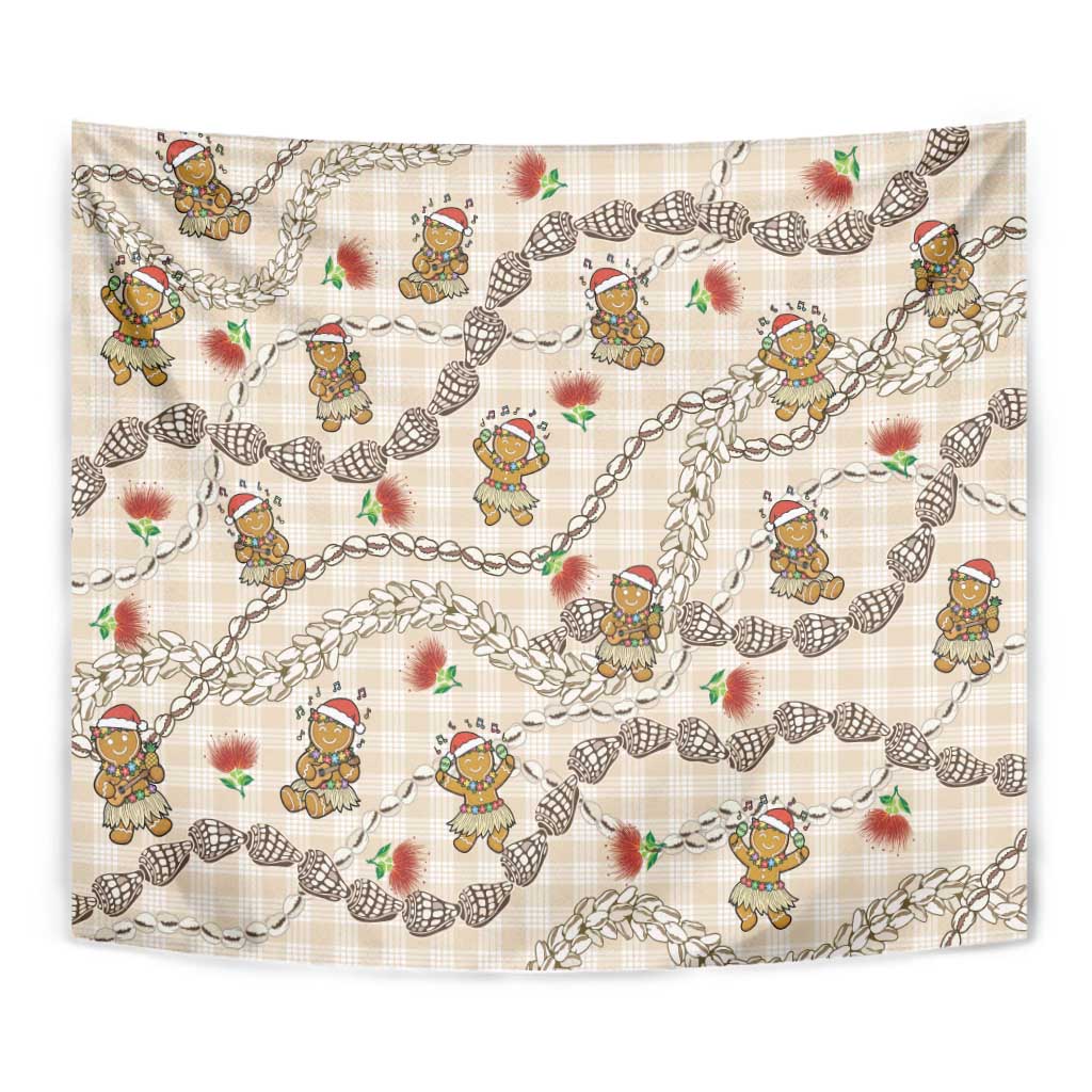 Beige Palaka Hawaii Mele Kalikimaka Tapestry Ohia Lehua Shell Leis Funny Gingerbread Santa - Polynesian Pride