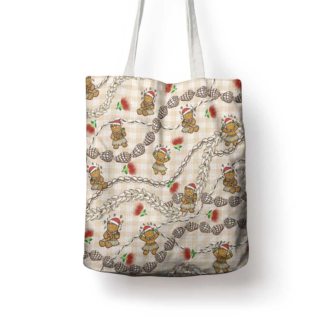 Beige Palaka Hawaii Mele Kalikimaka Tote Bag Ohia Lehua Shell Leis Funny Gingerbread Santa - Polynesian Pride