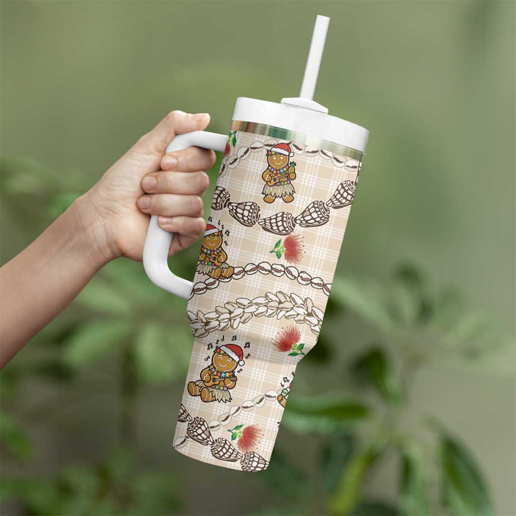 Beige Palaka Hawaii Mele Kalikimaka Tumbler With Handle Ohia Lehua Shell Leis Funny Gingerbread Santa - Polynesian Pride