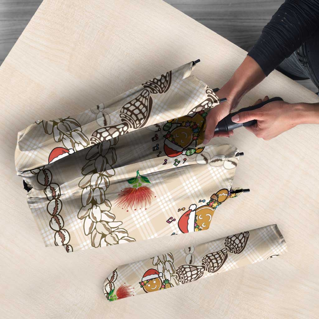 Beige Palaka Hawaii Mele Kalikimaka Umbrella Ohia Lehua Shell Leis Funny Gingerbread Santa - Polynesian Pride