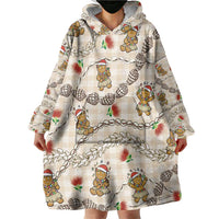 Beige Palaka Hawaii Mele Kalikimaka Wearable Blanket Hoodie Ohia Lehua Shell Leis Funny Gingerbread Santa - Polynesian Pride
