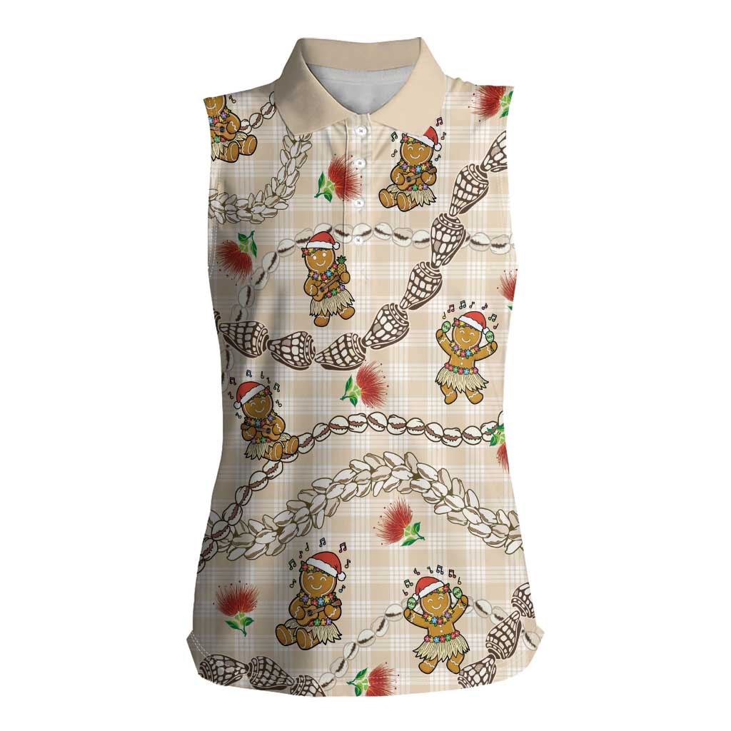 Beige Palaka Hawaii Mele Kalikimaka Women Sleeveless Polo Shirt Ohia Lehua Shell Leis Funny Gingerbread Santa - Polynesian Pride