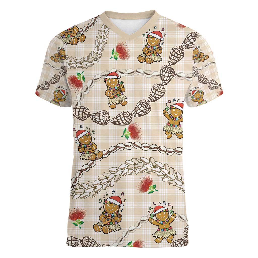 Beige Palaka Hawaii Mele Kalikimaka Women V-Neck T-Shirt Ohia Lehua Shell Leis Funny Gingerbread Santa - Polynesian Pride