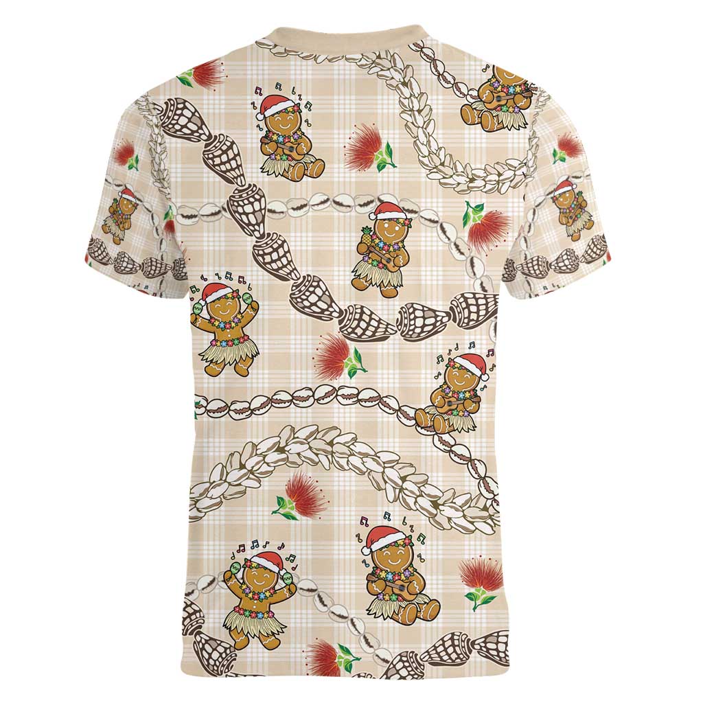 Beige Palaka Hawaii Mele Kalikimaka Women V-Neck T-Shirt Ohia Lehua Shell Leis Funny Gingerbread Santa - Polynesian Pride