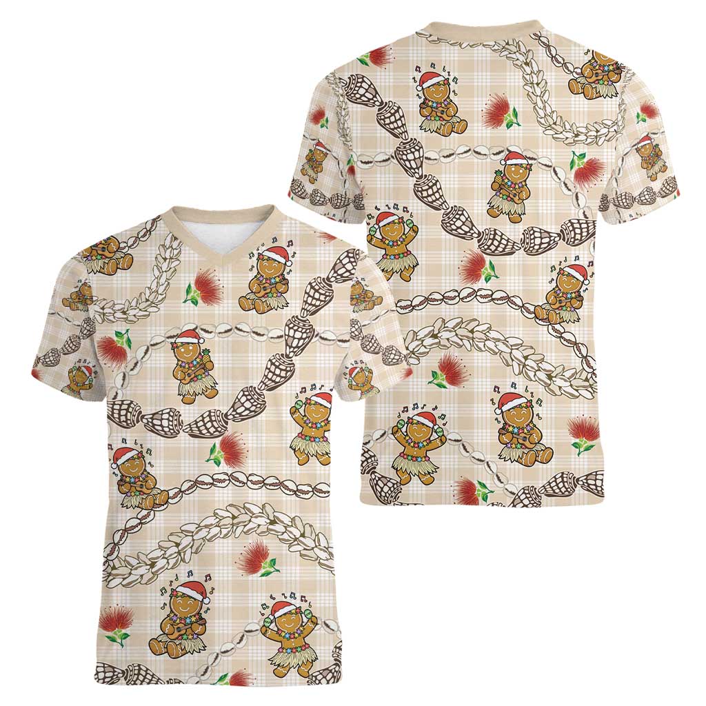 Beige Palaka Hawaii Mele Kalikimaka Women V-Neck T-Shirt Ohia Lehua Shell Leis Funny Gingerbread Santa - Polynesian Pride