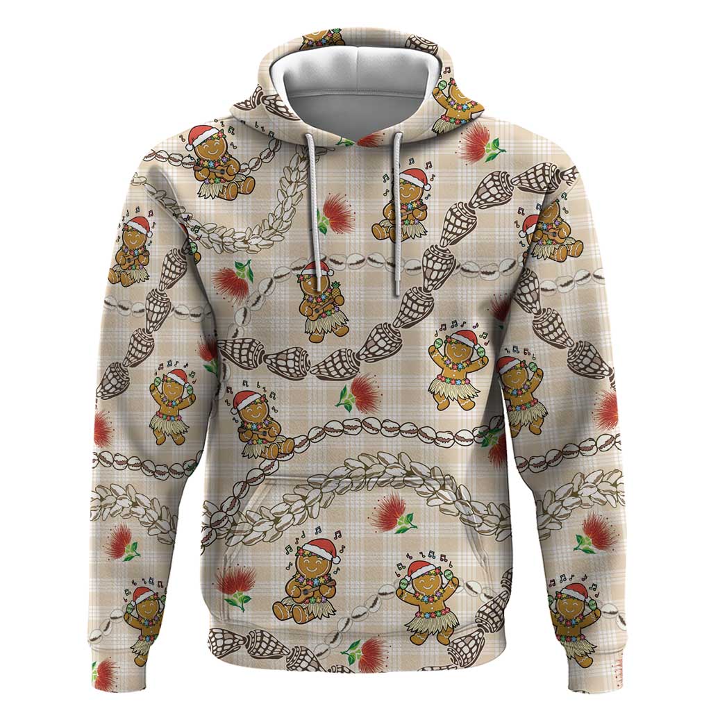 Beige Palaka Hawaii Mele Kalikimaka Zip Hoodie Ohia Lehua Shell Leis Funny Gingerbread Santa - Polynesian Pride