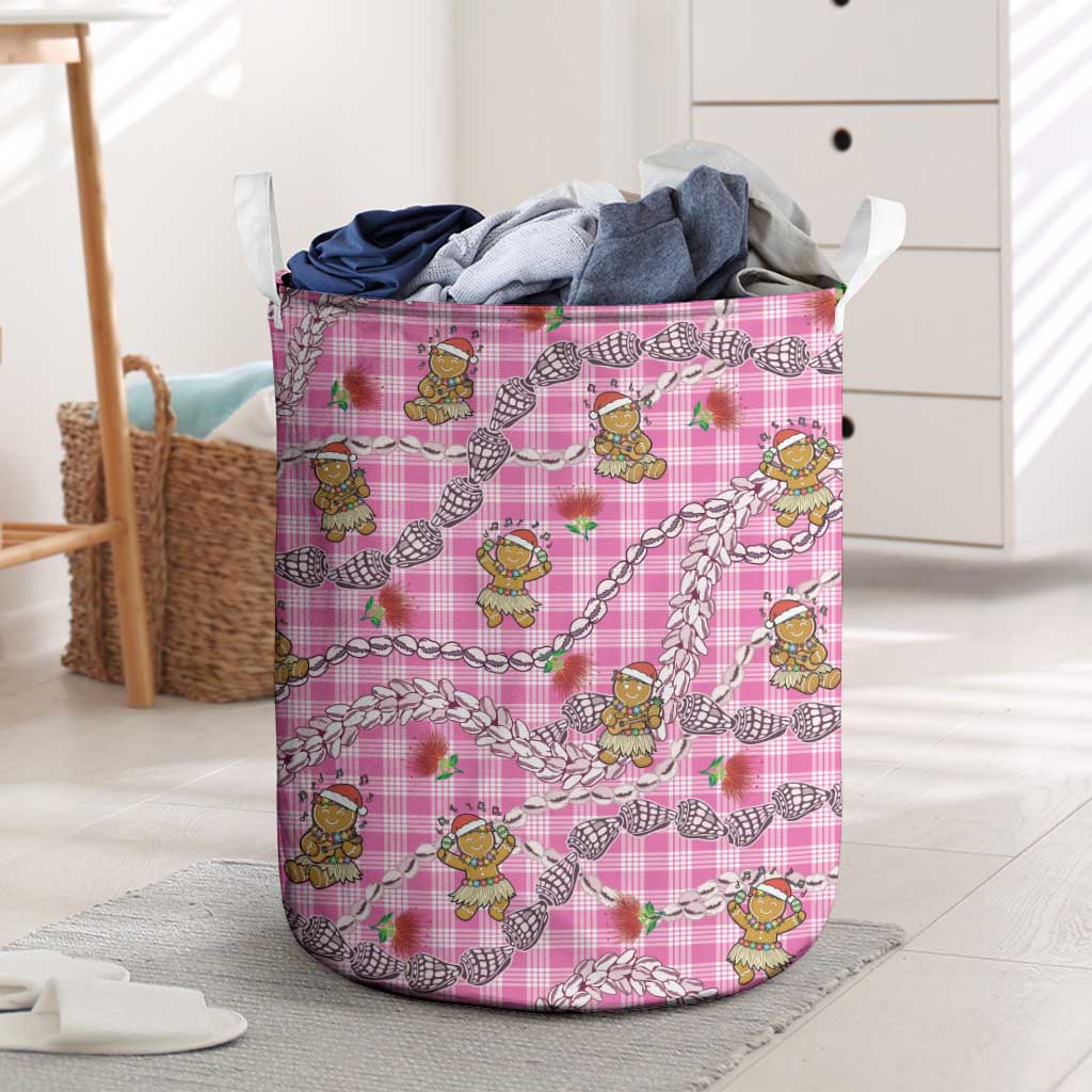 Pink Palaka Hawaii Mele Kalikimaka Laundry Basket Ohia Lehua Shell Leis Funny Gingerbread Santa - Polynesian Pride