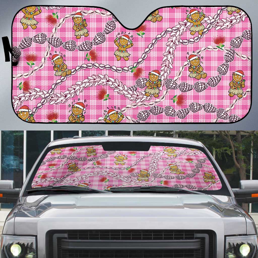 Pink Palaka Hawaii Mele Kalikimaka Auto Sun Shade Ohia Lehua Shell Leis Funny Gingerbread Santa - Polynesian Pride
