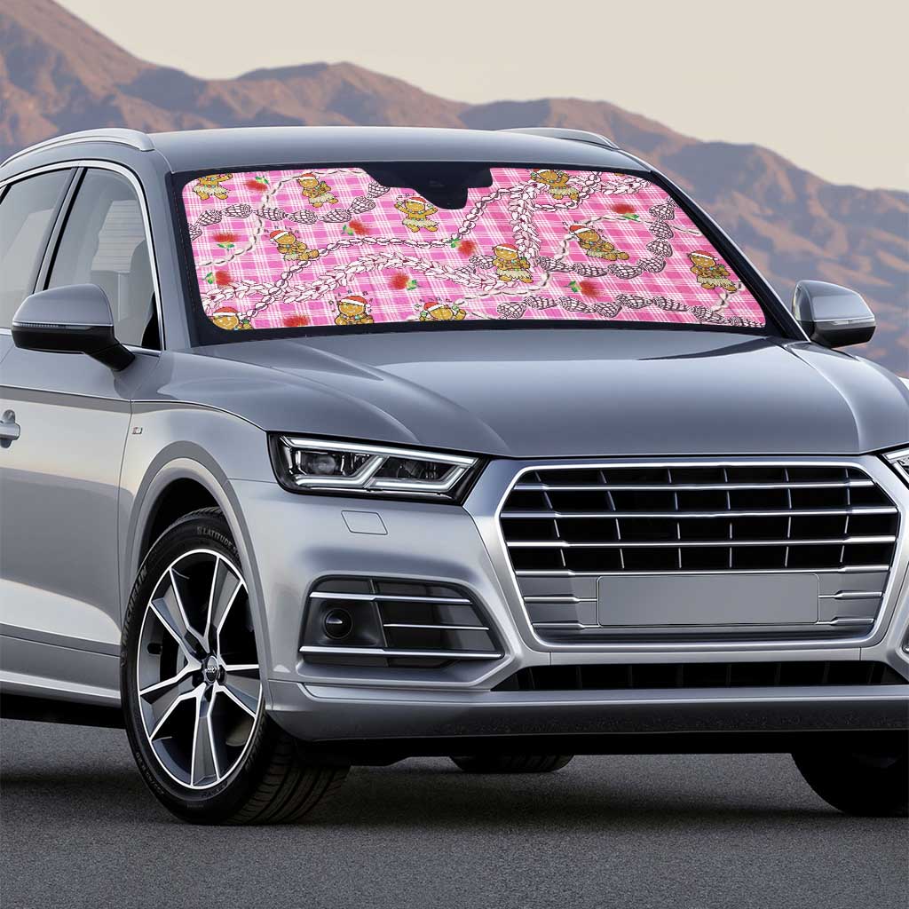 Pink Palaka Hawaii Mele Kalikimaka Auto Sun Shade Ohia Lehua Shell Leis Funny Gingerbread Santa - Polynesian Pride