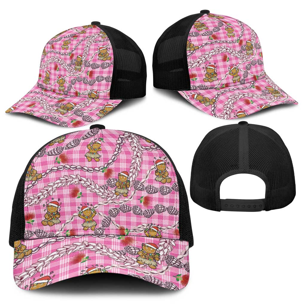 Pink Palaka Hawaii Mele Kalikimaka Baseball Net Cap Ohia Lehua Shell Leis Funny Gingerbread Santa - Polynesian Pride