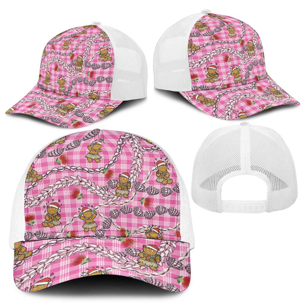 Pink Palaka Hawaii Mele Kalikimaka Baseball Net Cap Ohia Lehua Shell Leis Funny Gingerbread Santa - Polynesian Pride