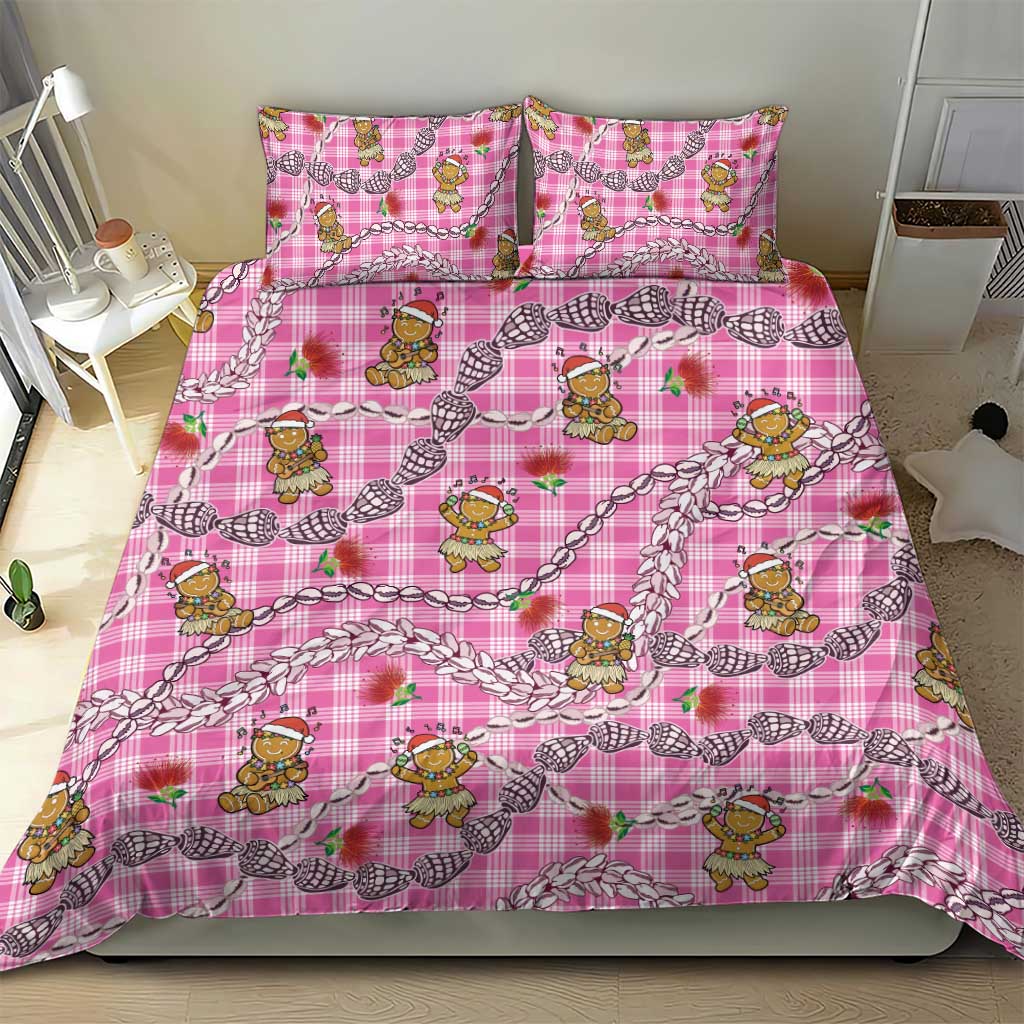 Pink Palaka Hawaii Mele Kalikimaka Bedding Set Ohia Lehua Shell Leis Funny Gingerbread Santa - Polynesian Pride