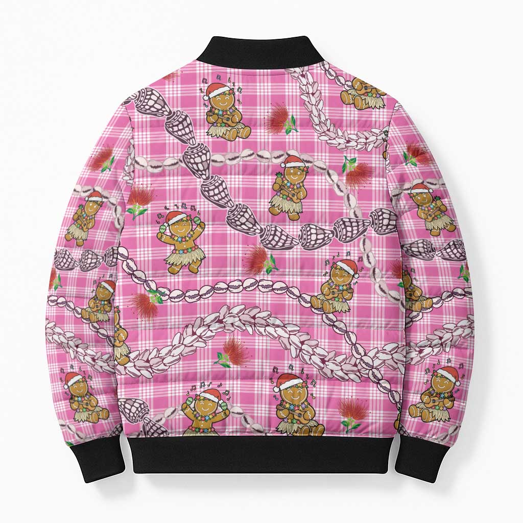 Pink Palaka Hawaii Mele Kalikimaka Bomber Puffer Jacket Ohia Lehua Shell Leis Funny Gingerbread Santa - Polynesian Pride